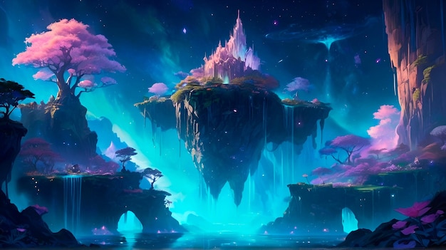 an otherworldly landscape featuring floating islands adorned with glowing flora iridescent