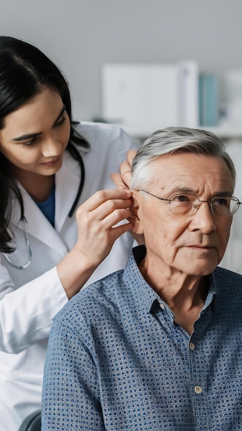 Photo otolaryngologist putting hearing d in senior patients ear at clinic