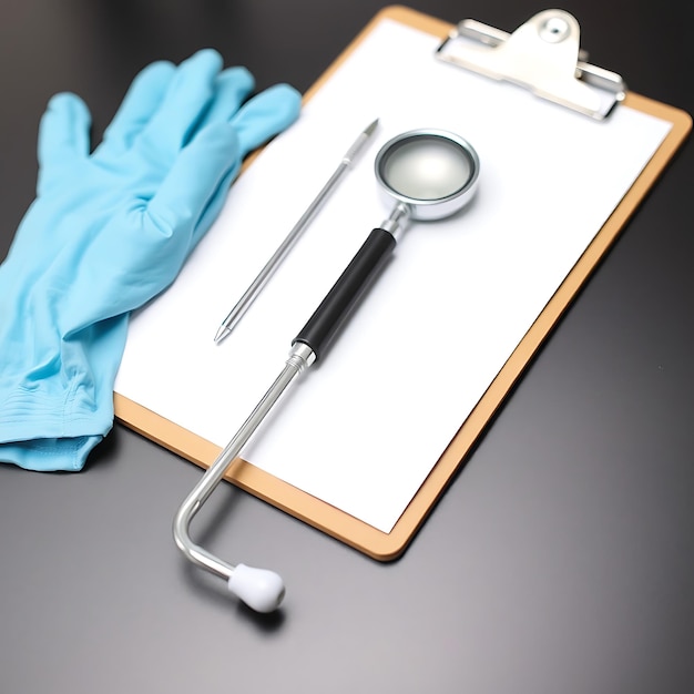 Photo otoscope with gloves and clipboard on table