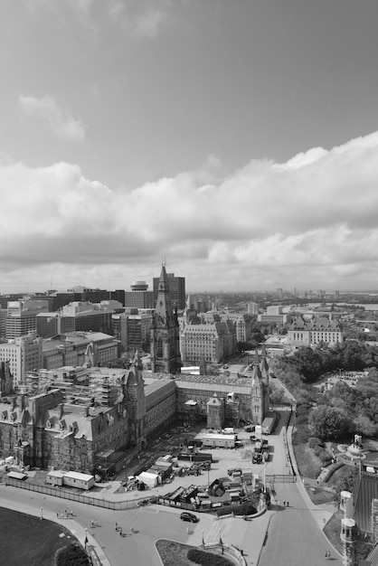 Ottawa city skyline view with historical buildings in black and white