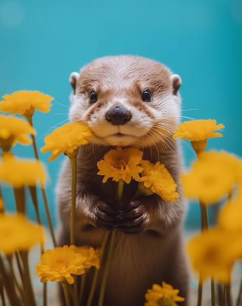 A otter holding a yellow flower in front of a blue background