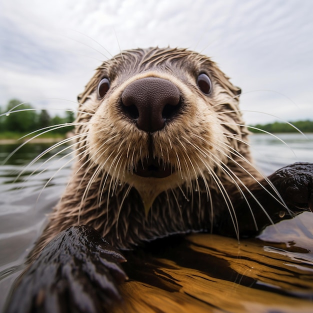 Otter sniffing the camera face portrait