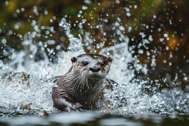 Photo otter swimming playfully in a river splashing water