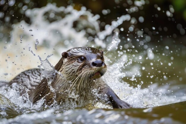 Photo otter swimming playfully in a river splashing water