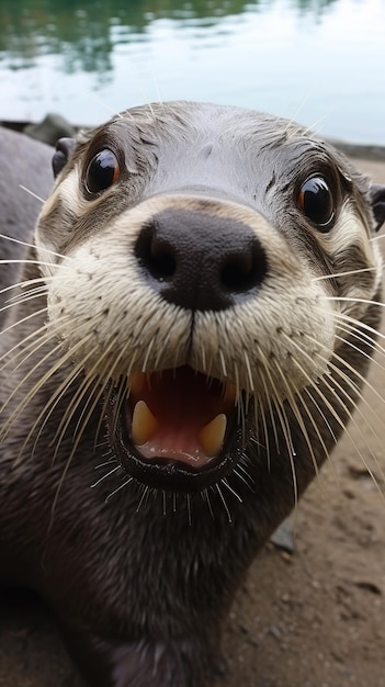 Otter touches camera taking selfie Funny selfie portrait of animal