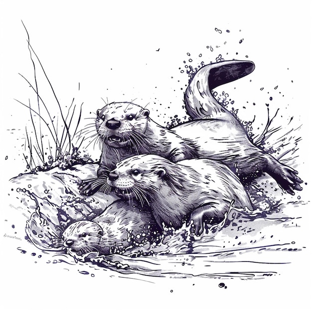 Otters playing isolated pencil drawing on white paper artwork