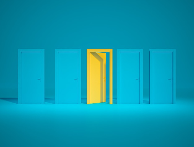 Otustanding yellow door open between closed blue dor on blue background3d rendering