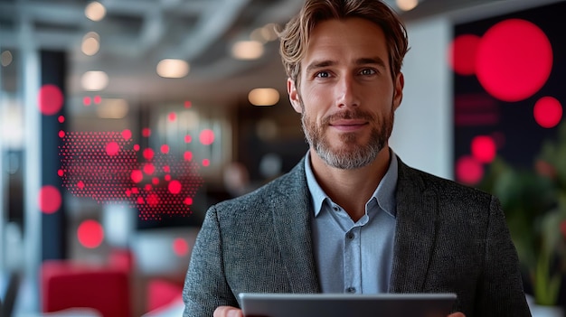 oung Professional Presenting with Digital Tablet in Modern Office