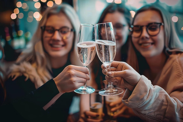 Photo to our friendship three female friends celebrating with champagne they are sitting in a bar and to