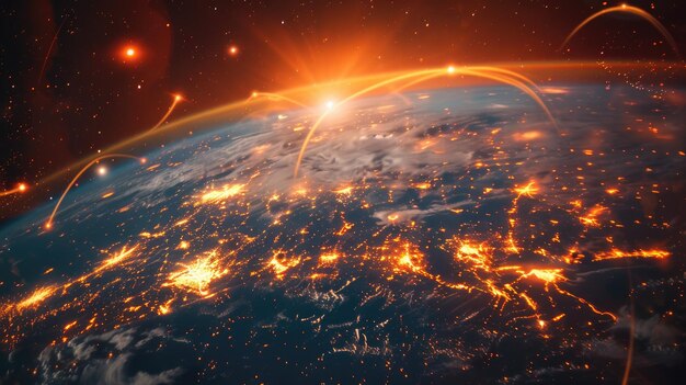 our world with a mesmerizing 3D graphic featuring glowing lines intricately woven around the globe creating a captivating visual representation of global connectivity