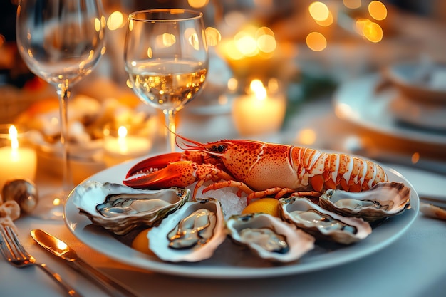 Photo ourmet lobster platter served with lemon garnish and fresh greens showcasing luxury seafood