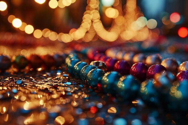 Out of focus background of shiny and colorful Mardi Gras beads