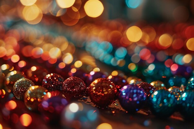 Out of focus background of shiny and colorful Mardi Gras beads