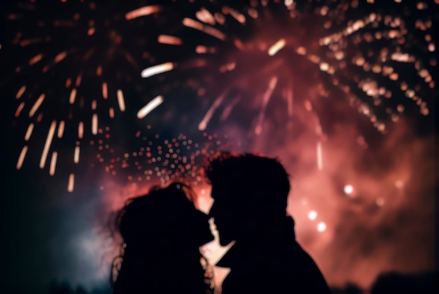 Out of focus photograph of a silhouette of a couple with New Year's fireworks in the background