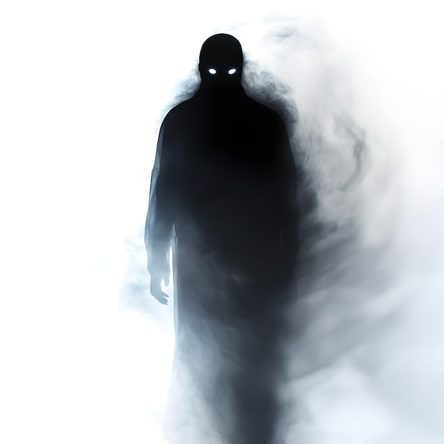 Photo out of the light into the dark walks tall imposing frightening figure isolated on white background