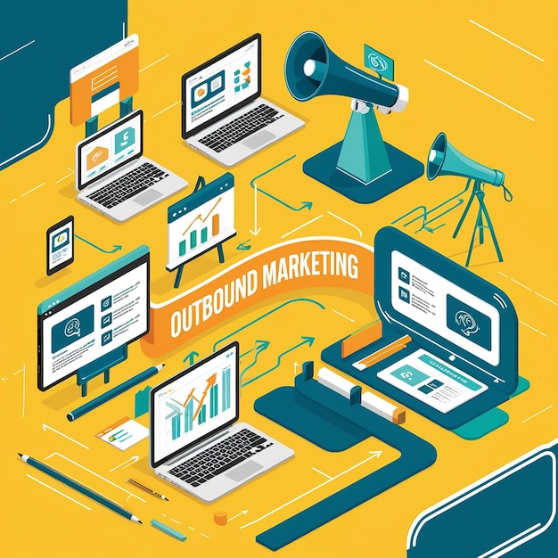 Photo outbound marketing business illustration isometric