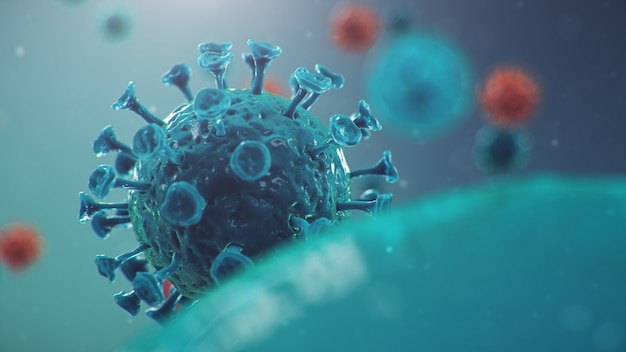 Outbreak of Chinese influenza - called a Coronavirus or 2019-nCoV, which has spread around the world. Danger of a pandemic, epidemic of humanity. Human cells, the virus infects cells. 3d illustration