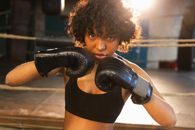 Outcry independent girl power angry african american woman fighter with boxing gloves looking seriou