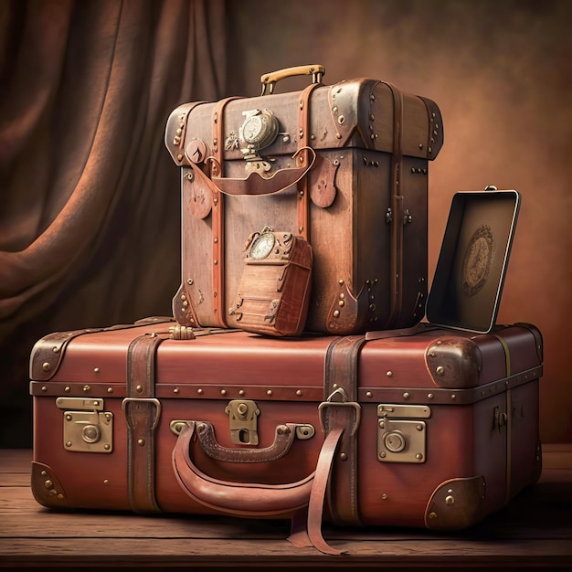 Outdated and used suitcase isolated on dark background generative AI