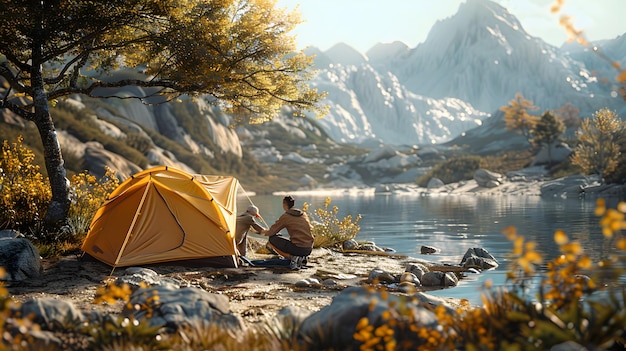 Outdoor Adventure Campers Setting Up Tent on Trail High Resolution Photo of Teamwork in Backpacki