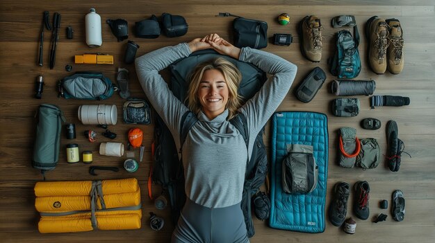 Photo outdoor adventure gear layout with smiling woman