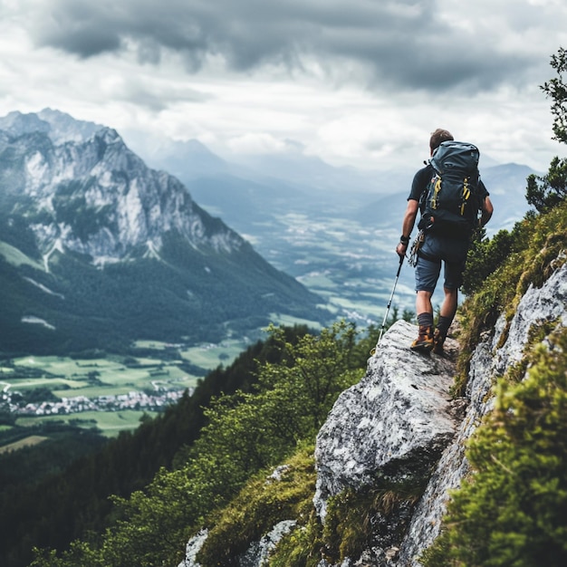 Photo an outdoor adventure lifestyle with hiking gear and a person climbing a mountain