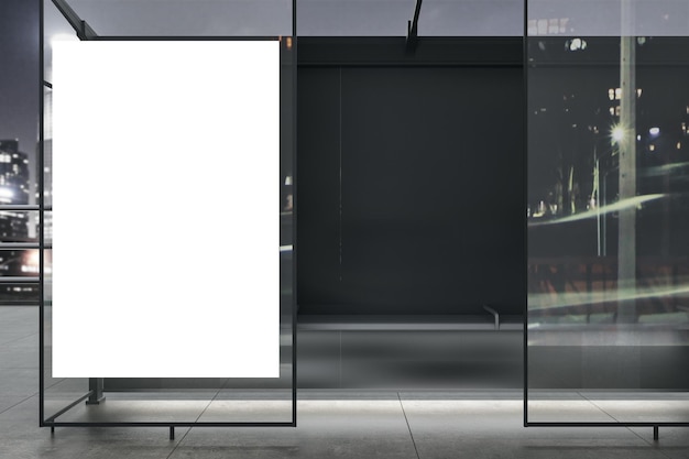 Outdoor advertising with blank white poster with place for your logo or text on glass bus stop wall on night city street 3D rendering mock up