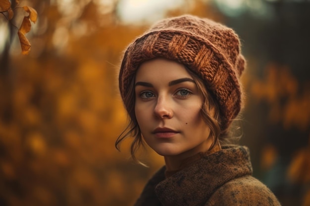 Outdoor atmospheric lifestyle portrait of young beautiful lady warm autumn