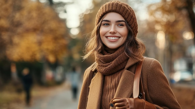 Outdoor autumn portrait of happy smiling fashionable woman wearing trendy outfit brown coat