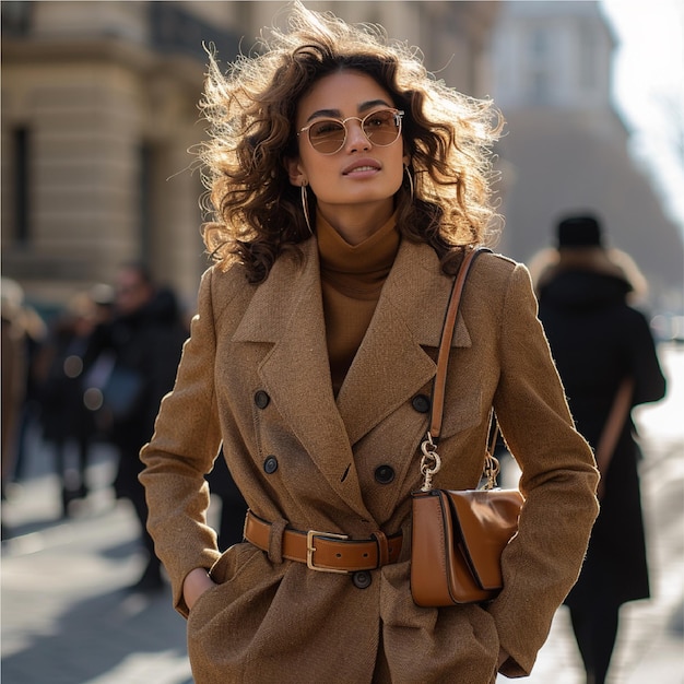 Outdoor autumn portrait of young elegant fashionable woman wearing trendy sunglasses