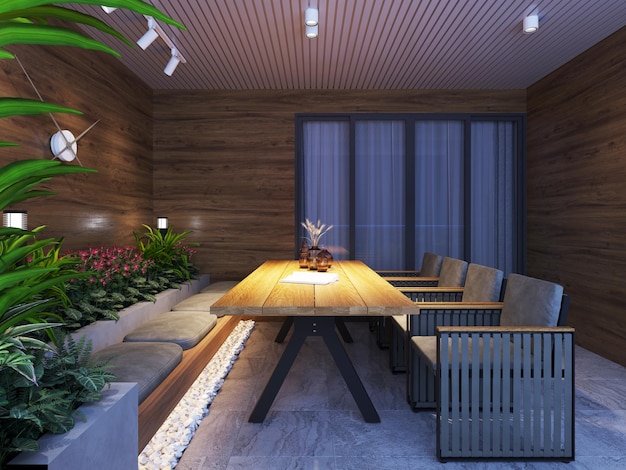 Outdoor balcony veranda with modern outdoor furniture table and chairs in the evening light