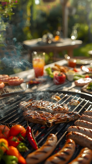 Outdoor Barbecue Gathering with Grilled Meats Vegetables and Friends Enjoying a Sunny Afternoon in