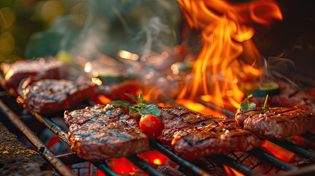 an outdoor barbecue grill as flames dance around succulent meats and vegetables evoking the mouthwatering aroma of grilled delicacies in the open air