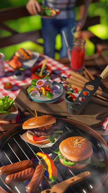 Outdoor Barbecue Scene with Grilled Burgers and Hot Dogs