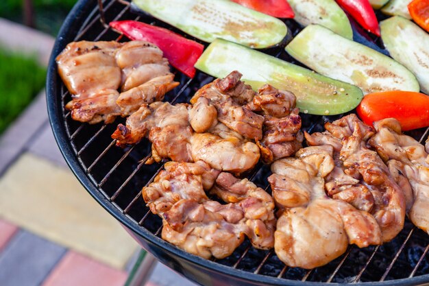 outdoor barbeque. grilled chicken meat fillet, vegetables, red pepper, zucchini