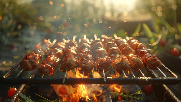 Photo outdoor bbq scene with grilled chicken kebab skewers ai generative ai generative