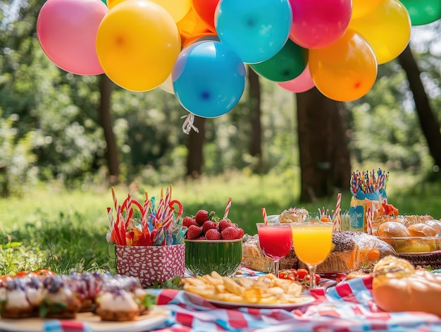 Outdoor birthday picnic with balloons and colorful decorations