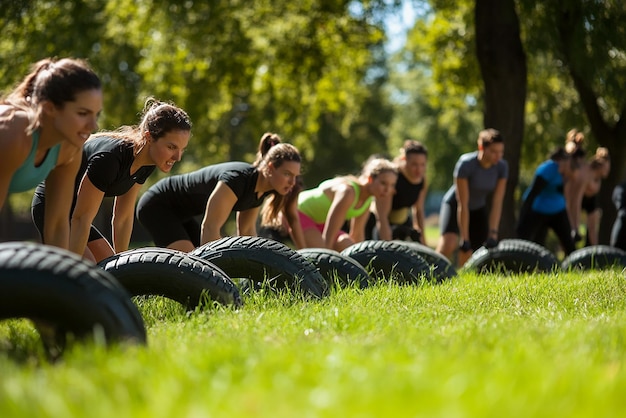 Photo outdoor bootcamp in the park a group of people engaging in fitness activities