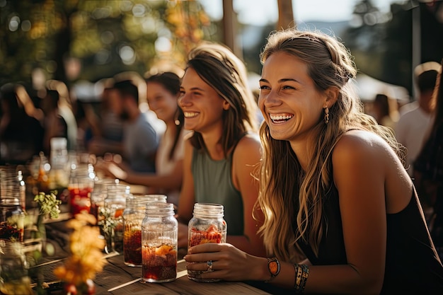 Outdoor breakfast colorful smoothies laughs and conversations under the clear sky generative IA