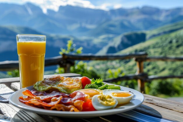 Outdoor breakfast Fried bacon vegetables eggs and juice with blurred mountains in the backdrop Generative AI