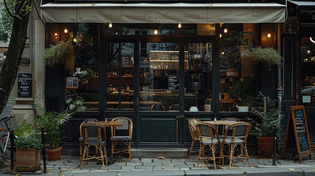 An outdoor cafe with some plants is being set up behind it in the style of dark bronze and light bei