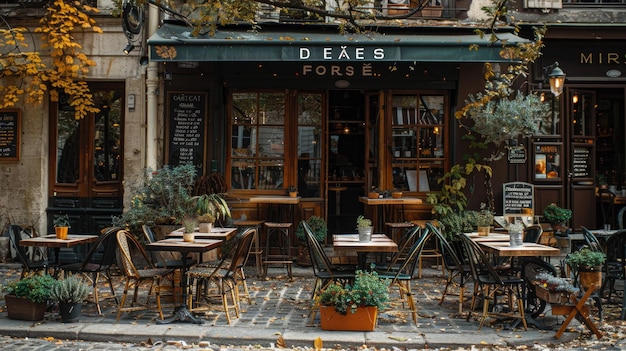 An outdoor cafe with some plants is being set up behind it in the style of dark bronze and light bei