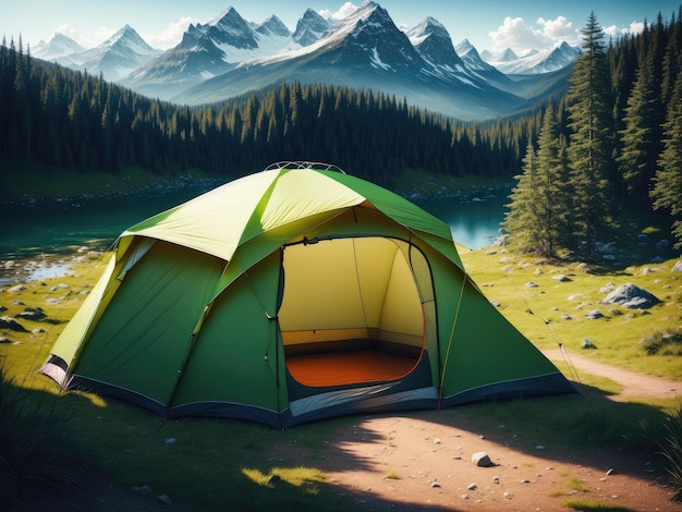 Outdoor camping photo tent in the middle of nature beautiful landscape