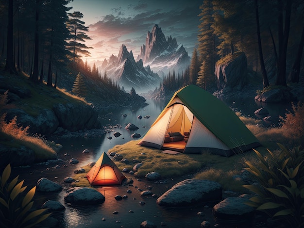 Outdoor camping photo tent in the middle of nature beautiful landscape