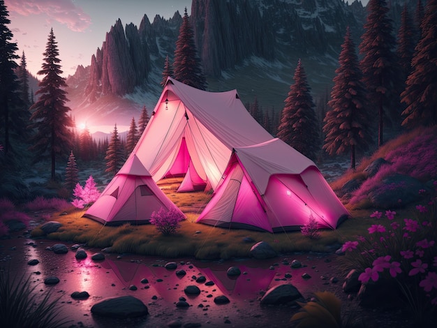 Outdoor camping photo tent in the middle of nature beautiful landscape