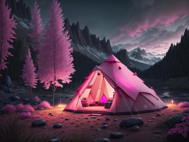 Outdoor camping photo tent in the middle of nature beautiful landscape