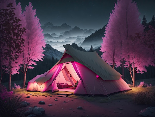 Outdoor camping photo tent in the middle of nature beautiful landscape