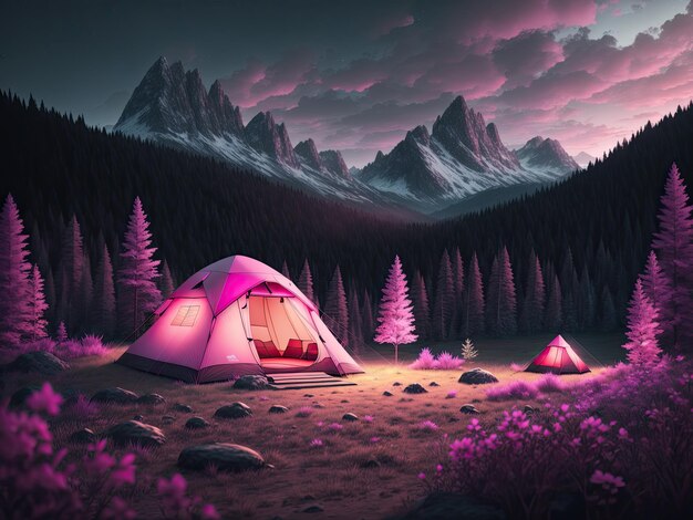 Outdoor camping photo tent in the middle of nature beautiful landscape