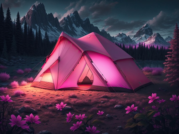 Outdoor camping photo tent in the middle of nature beautiful landscape