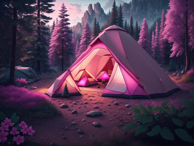 Outdoor camping photo tent in the middle of nature beautiful landscape